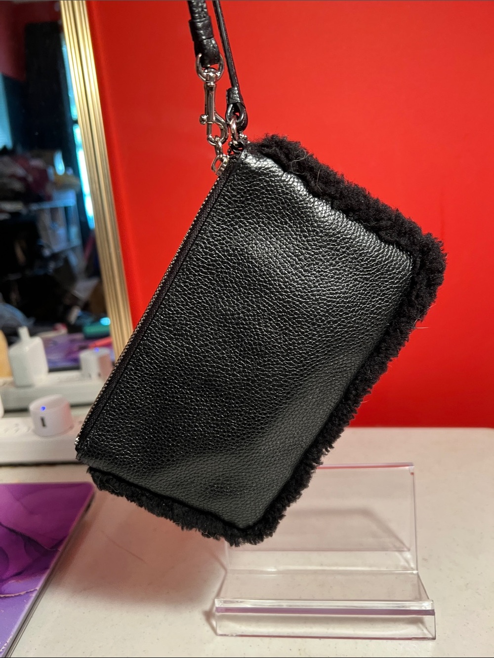 Coach Black Pebbled Leather Shearling-Trim Wristlet - Picture 5 of 14